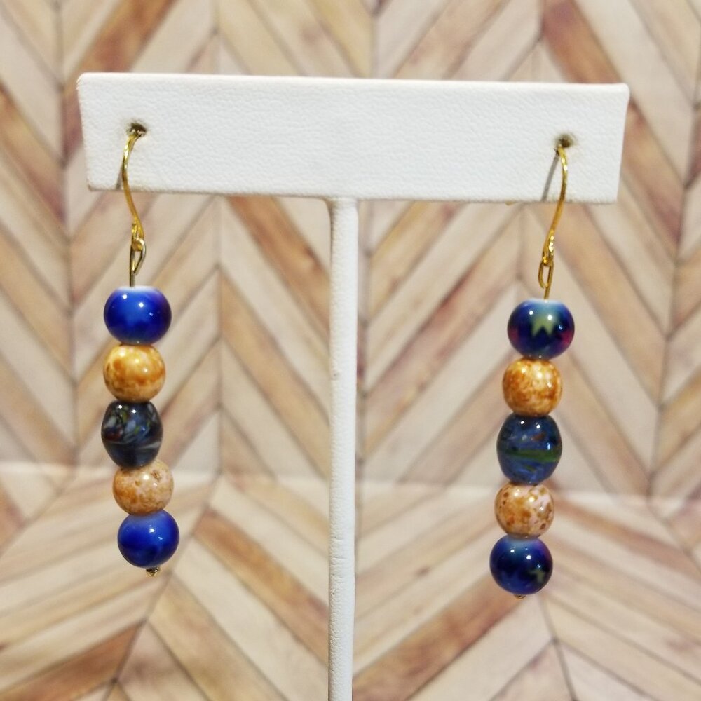 Navy Blue and Gold Beaded Earrings